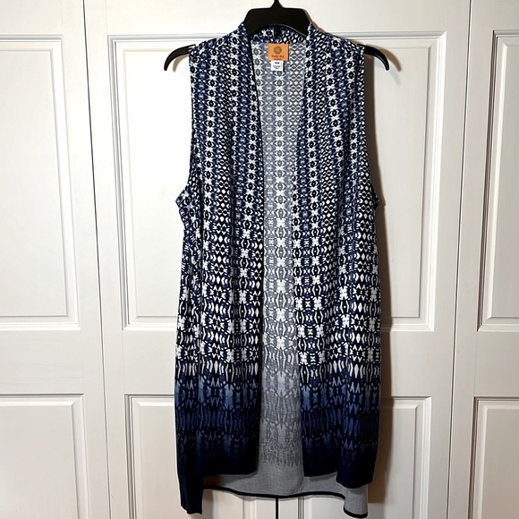 Ruby Road BOHO long vest / duster blue and white ethnic print, Women's 16W - Picture 3 of 12